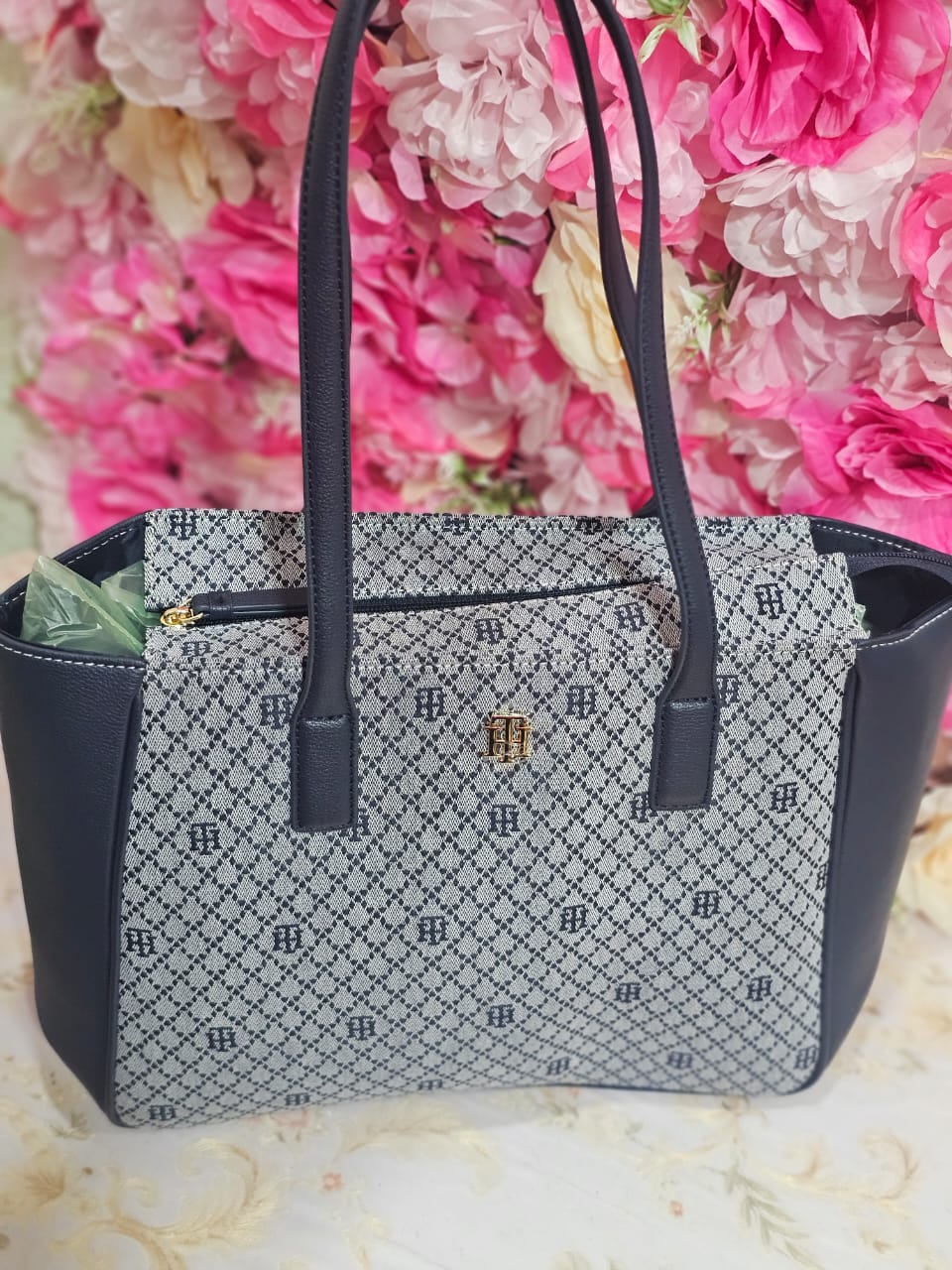 TOMMY COLOR AZUL CON GRIS ESTILO TOTE BAG PARA MUJER